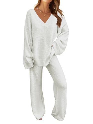 MEROKEETY Women's Lounge Sets 2025 Fall Fashion 2 Piece Outfits Sweater Pajama Set Fuzzy Loungewear Matching Winter Clothes,White,XL - Image 1