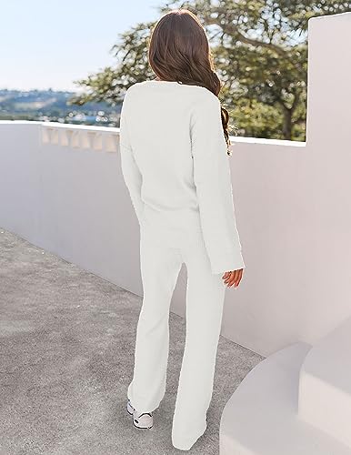 MEROKEETY Women's Lounge Sets 2025 Fall Fashion 2 Piece Outfits Sweater Pajama Set Fuzzy Loungewear Matching Winter Clothes,White,XL - Image 3