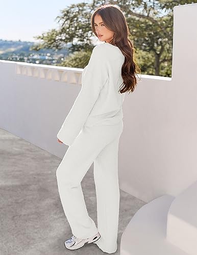 MEROKEETY Women's Lounge Sets 2025 Fall Fashion 2 Piece Outfits Sweater Pajama Set Fuzzy Loungewear Matching Winter Clothes,White,XL - Image 2