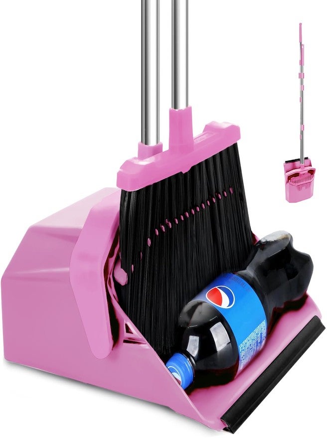 Tiumso Broom with Dustpan Combo Set, 51'' Broom and Dustpan Set, Brooms and Dust Pan with Handle, Brooms with Standing Dustpans, House Broom for Pets Hair and Floor Cleaning - Pink - Image 1