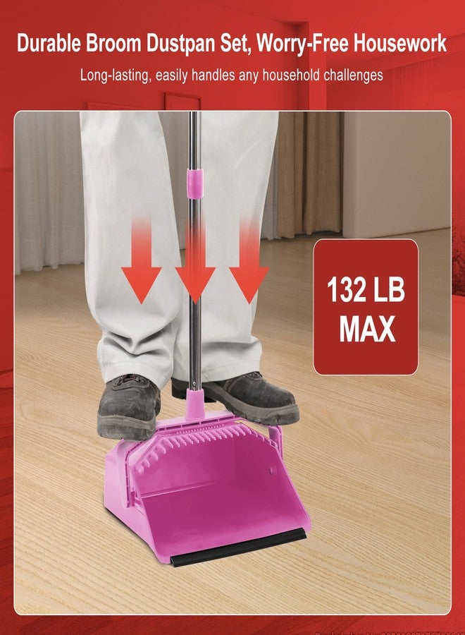 Tiumso Broom with Dustpan Combo Set, 51'' Broom and Dustpan Set, Brooms and Dust Pan with Handle, Brooms with Standing Dustpans, House Broom for Pets Hair and Floor Cleaning - Pink - Image 3
