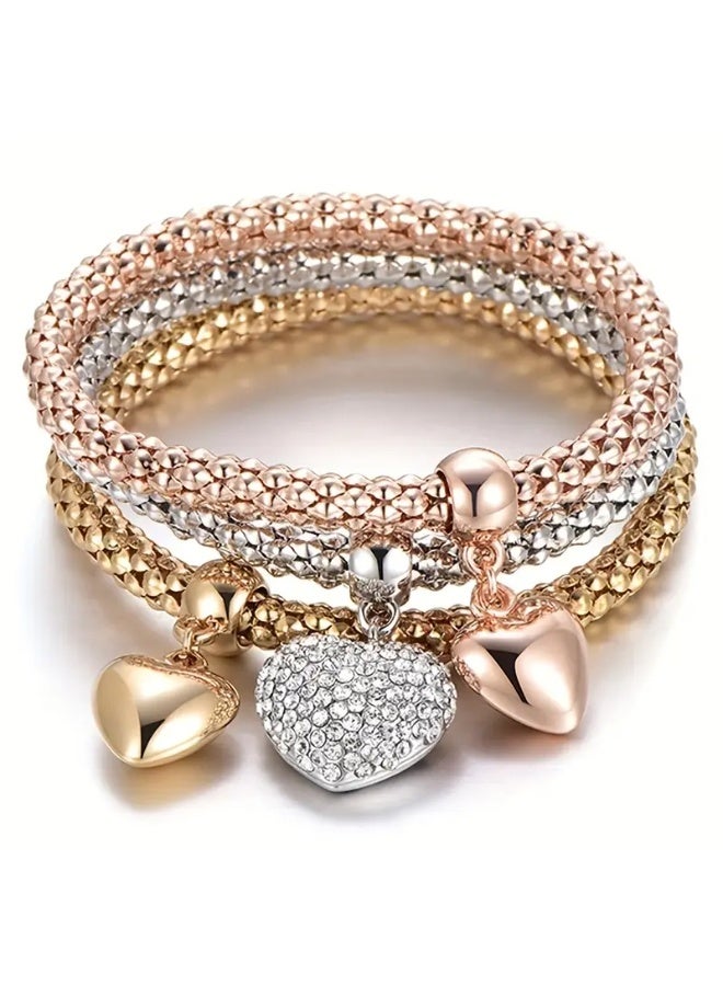 Goolsky [Golden Tree of Life Bracelet] 3pcs Golden/Silvery/Rose Golden Tree of Life Heart Corn Chain Elastic Combination Set Bracelet - Image 1