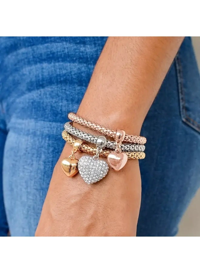 Goolsky [Golden Tree of Life Bracelet] 3pcs Golden/Silvery/Rose Golden Tree of Life Heart Corn Chain Elastic Combination Set Bracelet - Image 4