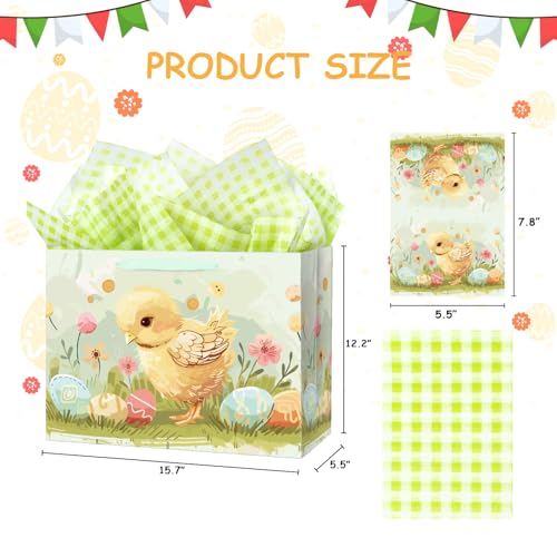 Linelglobal Large Easter Gift Bag with Tissue Paper 15.6" Egg Chick Design 1 Pack - Image 2