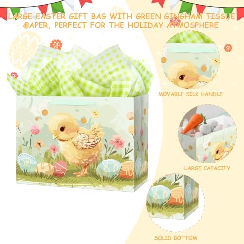 Linelglobal Large Easter Gift Bag with Tissue Paper 15.6" Egg Chick Design 1 Pack - Image 3