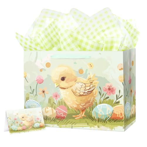 Linelglobal Large Easter Gift Bag with Tissue Paper 15.6" Egg Chick Design 1 Pack - Image 1