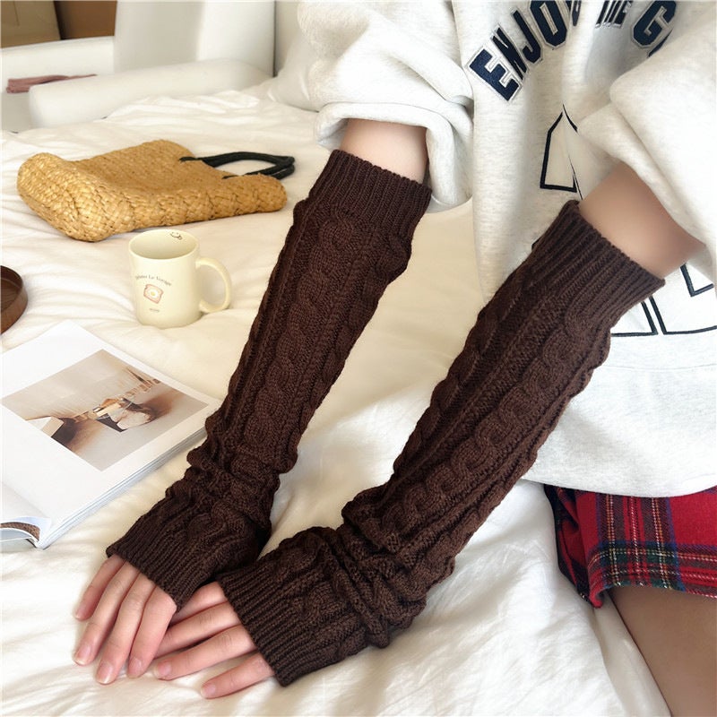 Warm Knit Arm Warmers Fingerless Long Sleeve Winter Accessory for Women Coffee 
