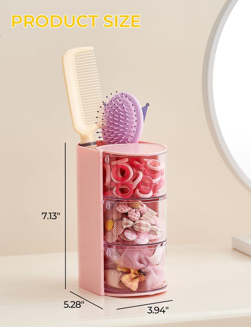 UFORU Hair Accessories Organizer with Hair Brush Holder, 3 Drawer Rotatable Hair Tie Organizer for Makeup Brushes, Hair Clips, Earrings, Necklaces, Bracelets and Hair Accessories, Pink, 3-Layer - Image 4
