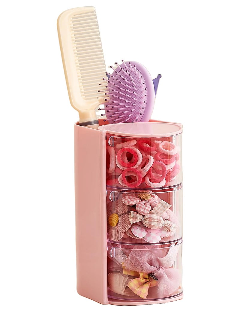 UFORU Hair Accessories Organizer with Hair Brush Holder, 3 Drawer Rotatable Hair Tie Organizer for Makeup Brushes, Hair Clips, Earrings, Necklaces, Bracelets and Hair Accessories, Pink, 3-Layer - Image 1