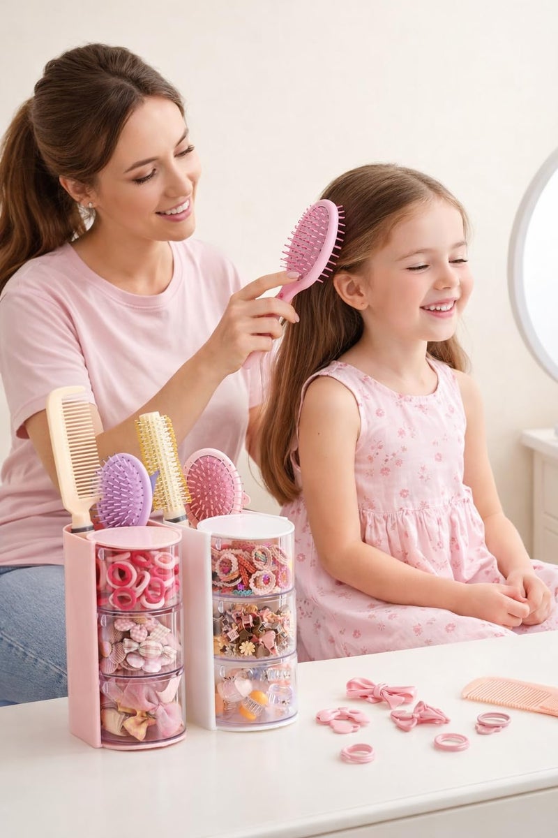 UFORU Hair Accessories Organizer with Hair Brush Holder, 3 Drawer Rotatable Hair Tie Organizer for Makeup Brushes, Hair Clips, Earrings, Necklaces, Bracelets and Hair Accessories, Pink, 3-Layer - Image 3