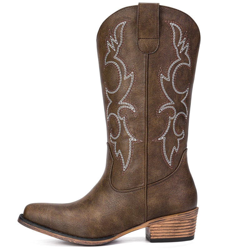 Choiran Brown Cowboy Boots for Women - Embroidered Cowgirl Boots Western Mid Calf Fashion Chunky Heel Pointed Toe Country Boot 8 - Image 4