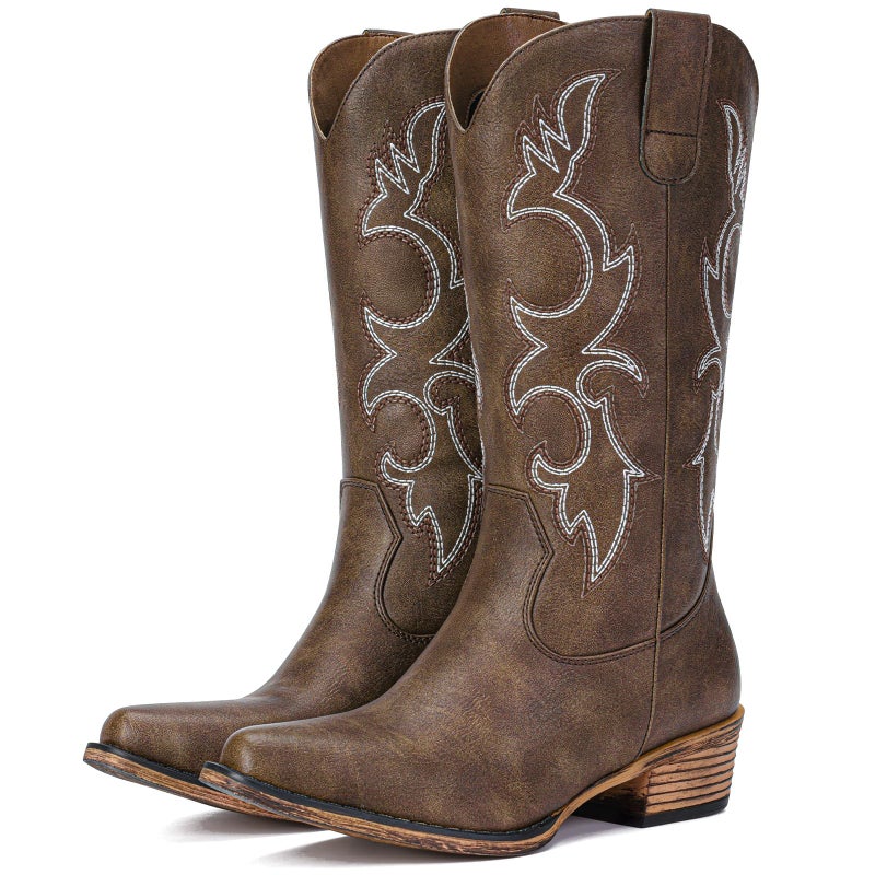 Choiran Brown Cowboy Boots for Women - Embroidered Cowgirl Boots Western Mid Calf Fashion Chunky Heel Pointed Toe Country Boot 8 - Image 1