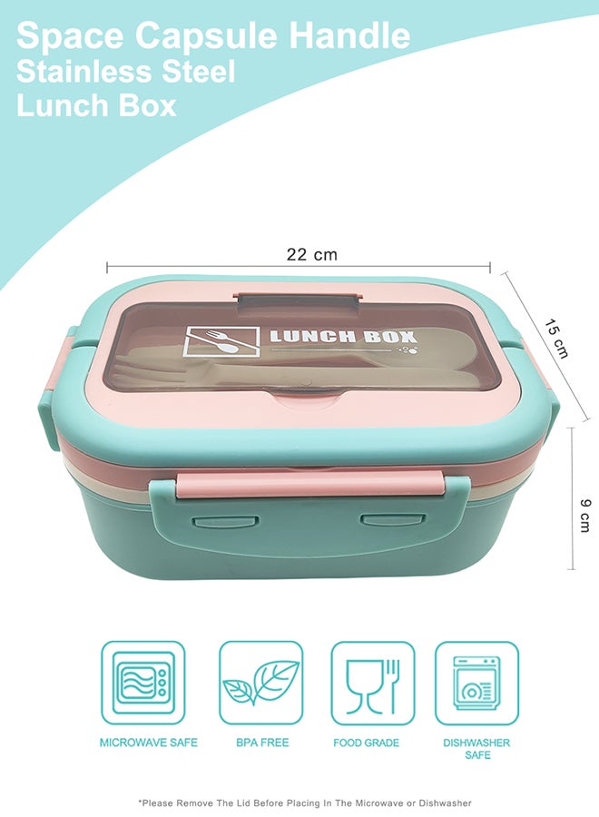 Noon East Lunch Box, 1650ml, Portable, Leak Proof wity Clips Lock, Handle and Cutlery Set -Turquoize and Baby Pink  - Image 2