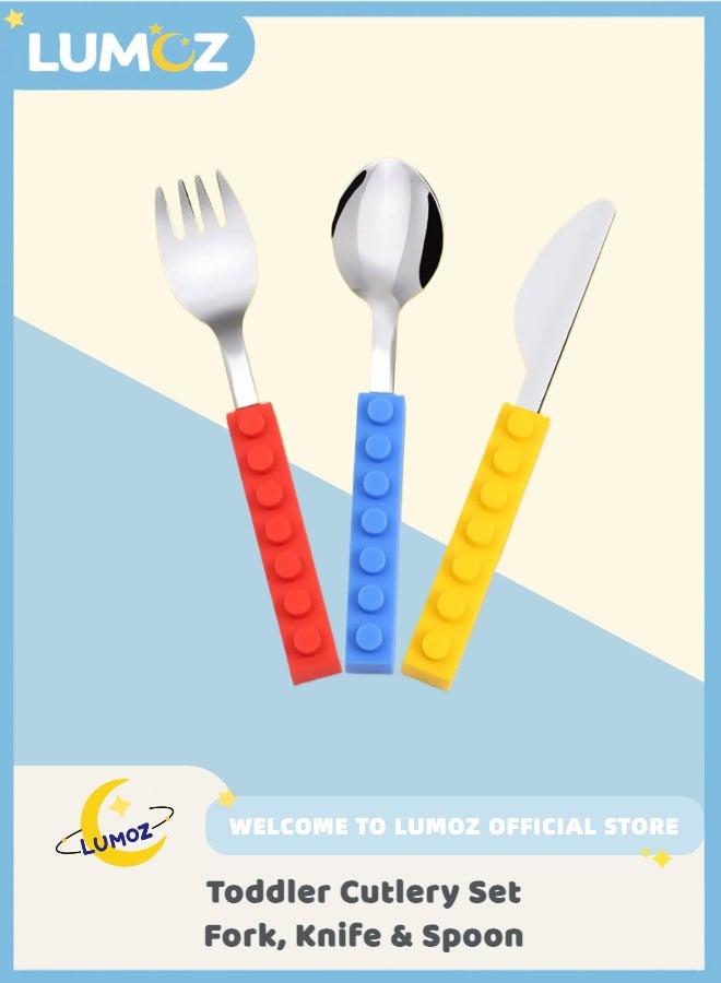 LUMOZ 3 Pieces Toddler Cutlery Set, Stainless Steel And Silicon Utensil Spoon, Fork And Knife Set, Flatware Cutlery Set For Kids - Image 1