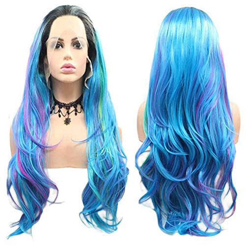 Sylvia 24 Synthetic Lace Front Wig Rainbow Wigs Mixed Blue Yellow Green Purple Dark Roots Ombre Wig Long Natural Wave Multi Colors Half Hand Tied Wig 180 Density Hair Replacement for Women