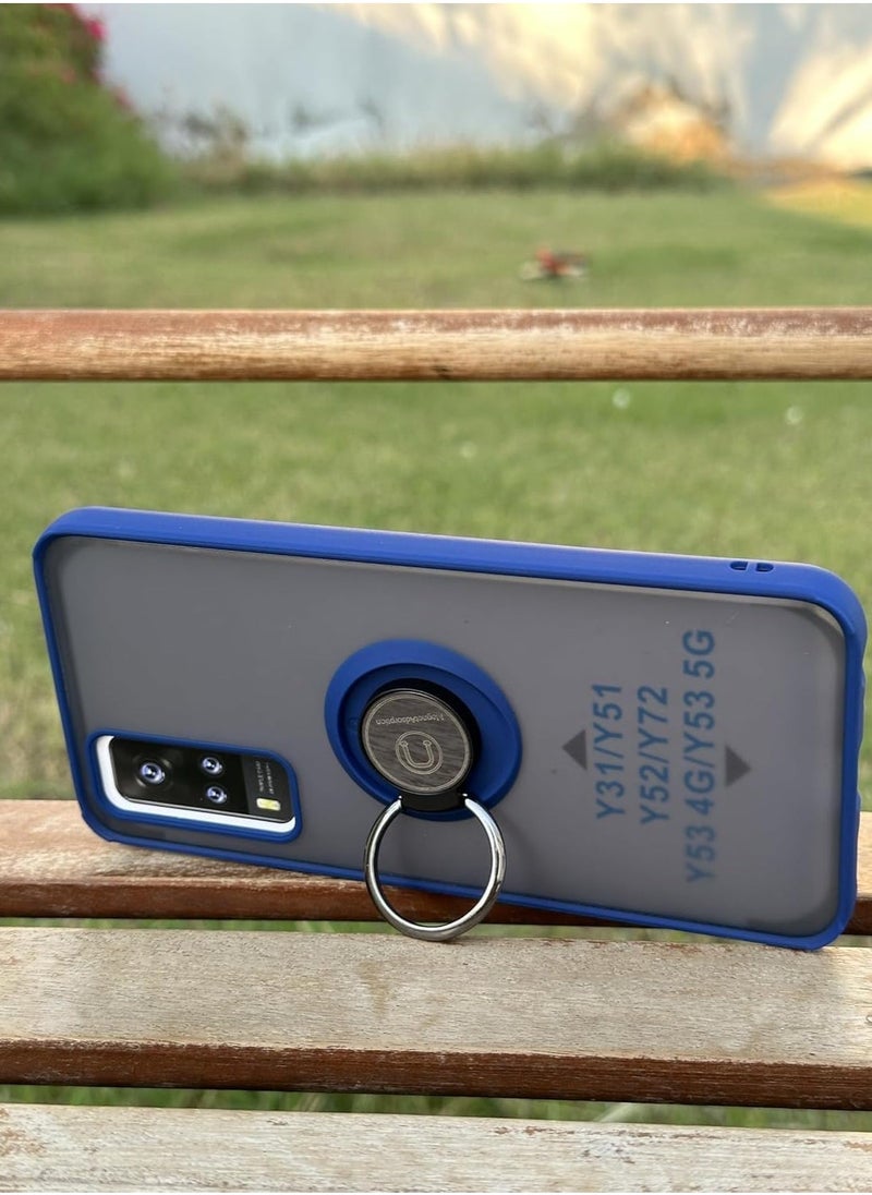 JAJEEK Compatible for Vivo Y31, Y51, Y52, Y72, Y53 Case – Thin Translucent Matte Back Cover with Camera Protection, 360° Rotational Car Mount Magnetic Ring Holder Case (Blue) - Image 3
