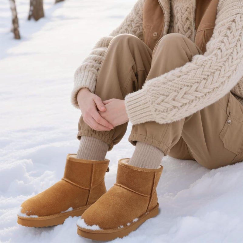 KIDMI Women's Classic Genuine Suede Mini Boots Fuzzy Snow Booties with Fur Lined, Chestnut 39 - Image 2