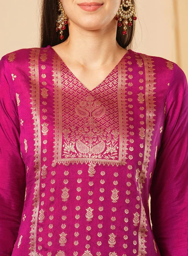 جلو باص Printed V-Neck Ethnic Motifs Straight Kurta with Elasticated Pants Set by Styli