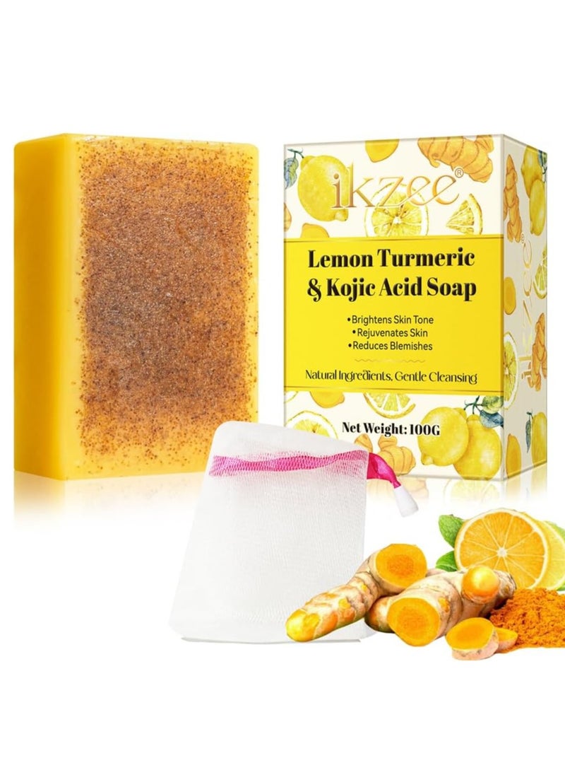 IKZEE - Lemon Turmeric Kojic Acid Soap - Dark Spot Corrector, Deep Cleansing Bar - Brightening & Moisturizing Soap for Face & Body - Natural Skin Whitening Formula (100g) - Image 1