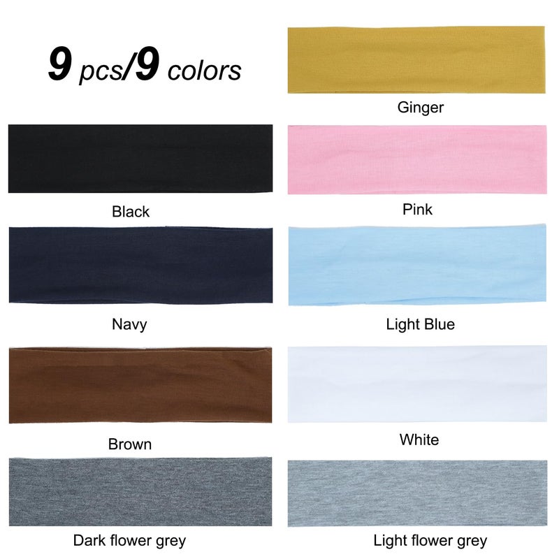Ainitops 9Pcs Headbands for women Non Slip Headband, Soft Elastic Hair Bands for Women's Hair, Fashion Cotton Cloth Stretchy Sweat Bands Headbands for Sports, Makeup, Gym, Running, Yoga, Workout (9Colors-A) - Image 4