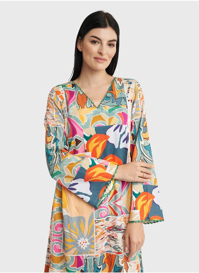 KASHKHA Kuwaiti Cut Abstract Print Cotton Jalabiya