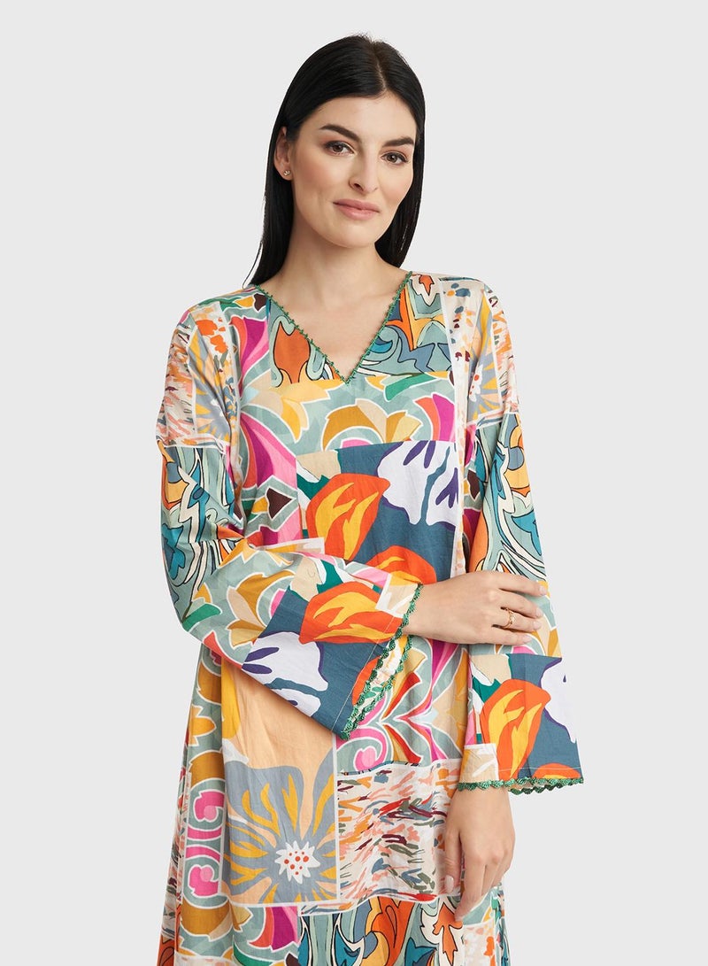 كشخة جلابية قطن بطبعة تجريدية بقصة كويتية - Image 1