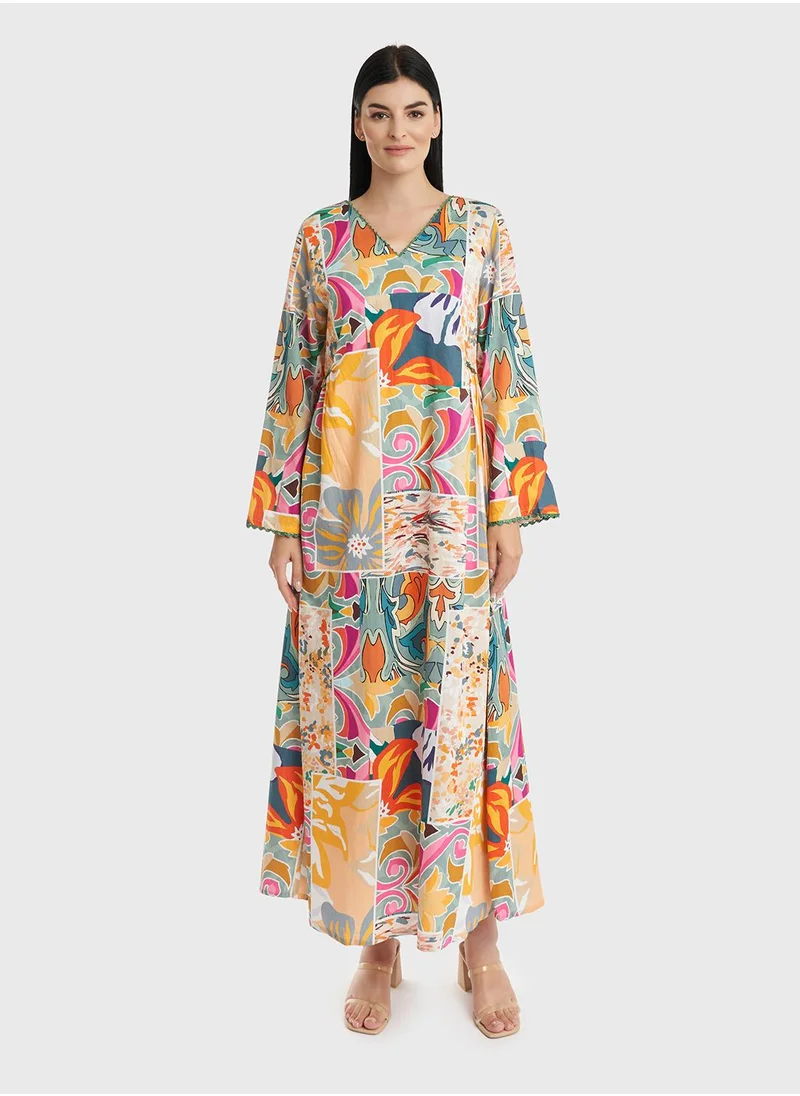 KASHKHA Kuwaiti Cut Abstract Print Cotton Jalabiya