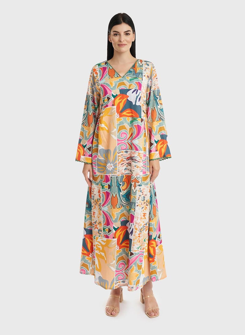 كشخة جلابية قطن بطبعة تجريدية بقصة كويتية - Image 2