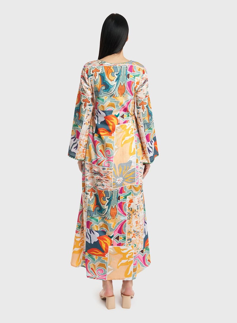 كشخة جلابية قطن بطبعة تجريدية بقصة كويتية - Image 4