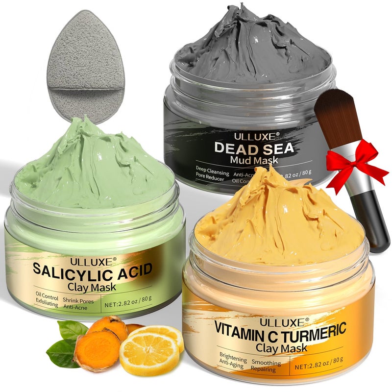 Facial Clay Mask Set  Vitamin C Face Mask with Turmeric Dead Sea Mud  Salicylic Acid Mask for Pores Cleansing Blackheads Dark Spots Brightening Face Masks Skincare Gift for Women 282 oz each