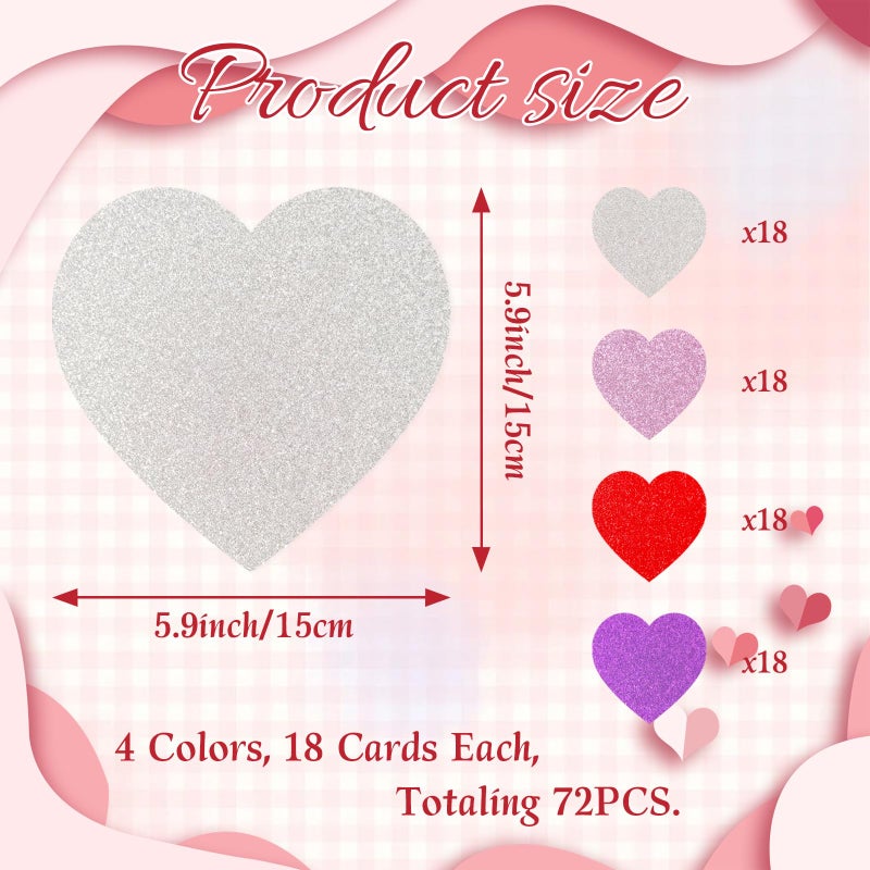 Bazyrock 72 Pcs Glitter Heart Paper Cutouts 6 x 6 in, 4 Colors, Valentineâ€™s Day Decorations for Party Classroom Bulletin Board DIY Crafts (Silver/Red/Pink/Purple) - Image 2