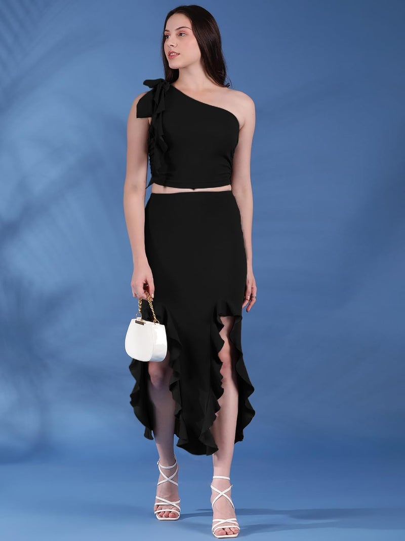 KOTTY Women's One Shoulder Sleeveless Top Skirt Co-Ords(Black,L) - Image 5