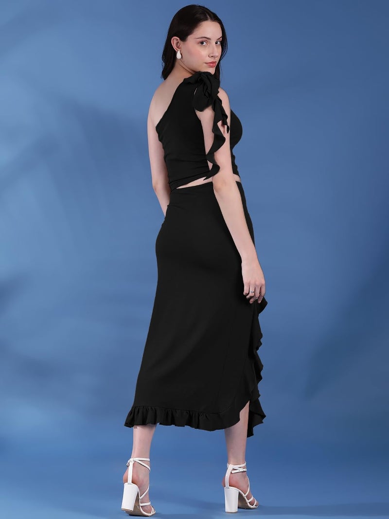 KOTTY Women's One Shoulder Sleeveless Top Skirt Co-Ords(Black,L) - Image 4