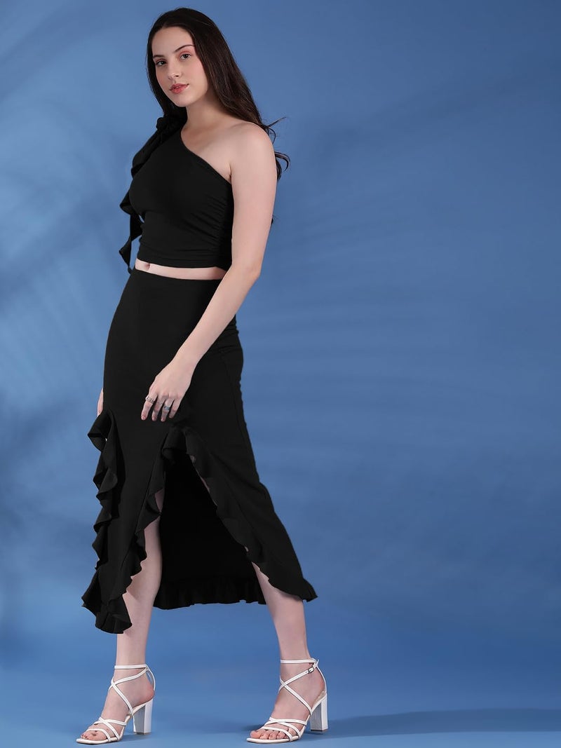 KOTTY Women's One Shoulder Sleeveless Top Skirt Co-Ords(Black,L) - Image 2