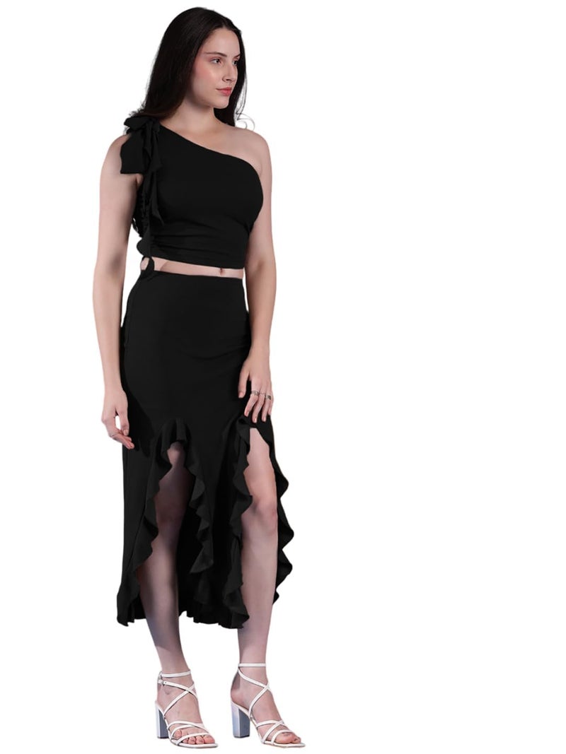KOTTY Women's One Shoulder Sleeveless Top Skirt Co-Ords(Black,L) - Image 1