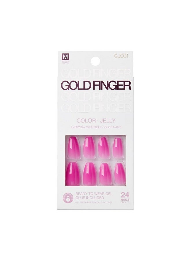 Goldfinger False Nails Kit, Jelly Color Ready To Wear Pink Fake Nails, Manicure Stick And Glue Included, Medium Length, Coffin Shape, Long-Lasting Hottest Trend Glue On Nails  - Image 1