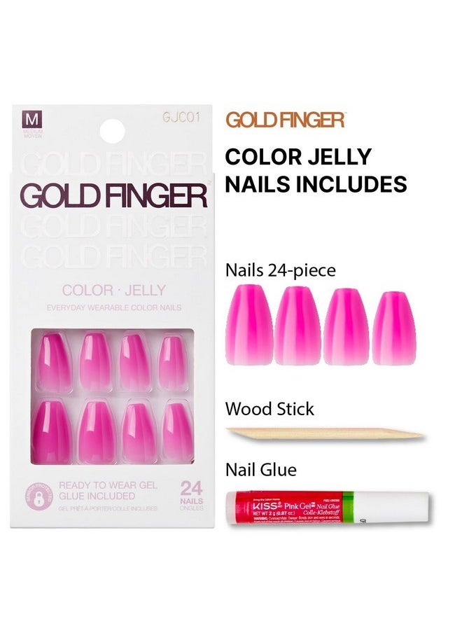 Goldfinger False Nails Kit, Jelly Color Ready To Wear Pink Fake Nails, Manicure Stick And Glue Included, Medium Length, Coffin Shape, Long-Lasting Hottest Trend Glue On Nails  - Image 2
