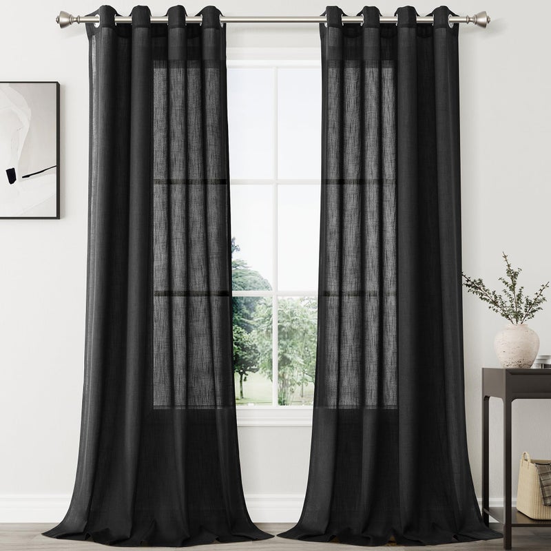 Nanspring Linen Sheer Curtains 120 inches Long 2 Panels Set Grommet Textured Light Filtering Black Boho Living Room Curtains Modern Minimalist Long Floor to Ceiling Large Window Curtains 10ft Tall 52X120 - Image 1