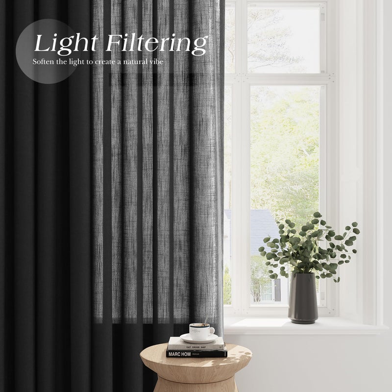 Nanspring Linen Sheer Curtains 120 inches Long 2 Panels Set Grommet Textured Light Filtering Black Boho Living Room Curtains Modern Minimalist Long Floor to Ceiling Large Window Curtains 10ft Tall 52X120 - Image 2