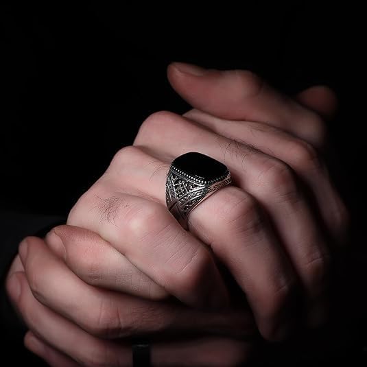 KsrModa 925 Sterling Silver Genuine Black Onyx Stone Mens Silver Ring Silver Signet Ring for Men Handmade Engraved Silver Men Rings Sterling Silver Pinky Ring Gift for Men Gift for Dad (12.5) - Image 5