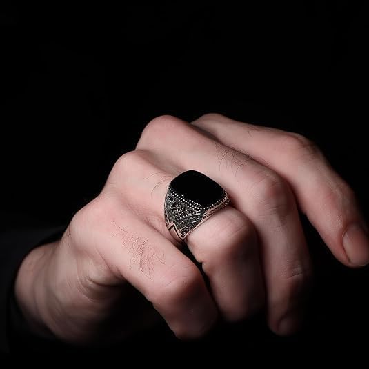 KsrModa 925 Sterling Silver Genuine Black Onyx Stone Mens Silver Ring Silver Signet Ring for Men Handmade Engraved Silver Men Rings Sterling Silver Pinky Ring Gift for Men Gift for Dad (12.5) - Image 3