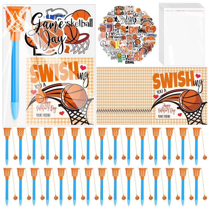 Gosodeny 30 Set Valentine's Day Gifts Bulk Basketball Party Favors Basketball Hoop Pens Gift Set Basketball Stickers Basketball Card Basketball Valentine Sports Fans Party Prize Gifts - Image 1