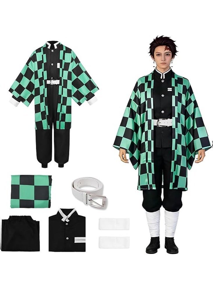 Tanjiro Kamado Cosplay Costume Full Set - Demon Slayer Uniform with Green Checkered Haori, Black Outfit, White Neckband & Belt, 5-Piece Anime Role Play Suit for Halloween, Anime Conventions & Parties - Image 1