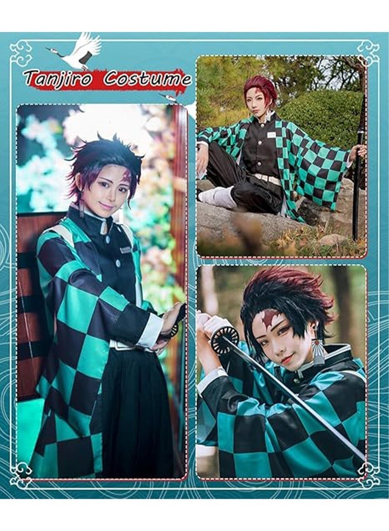 Tanjiro Kamado Cosplay Costume Full Set - Demon Slayer Uniform with Green Checkered Haori, Black Outfit, White Neckband & Belt, 5-Piece Anime Role Play Suit for Halloween, Anime Conventions & Parties - Image 3