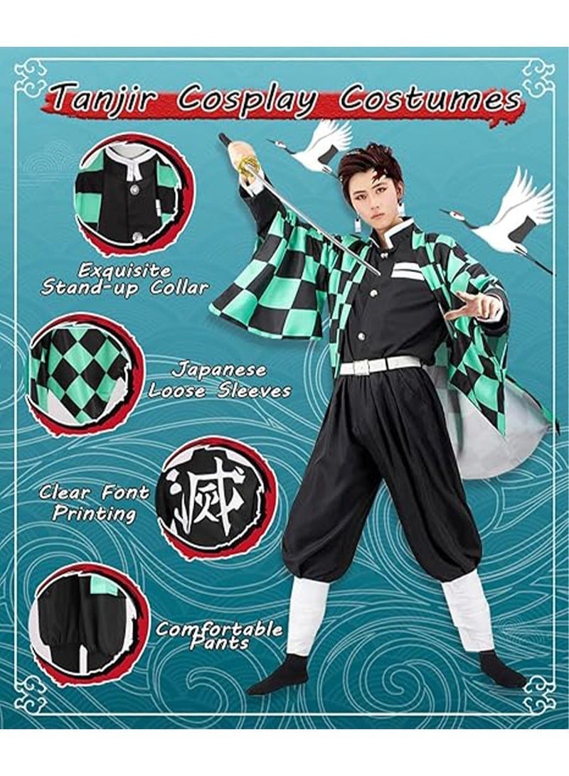 Tanjiro Kamado Cosplay Costume Full Set - Demon Slayer Uniform with Green Checkered Haori, Black Outfit, White Neckband & Belt, 5-Piece Anime Role Play Suit for Halloween, Anime Conventions & Parties - Image 4