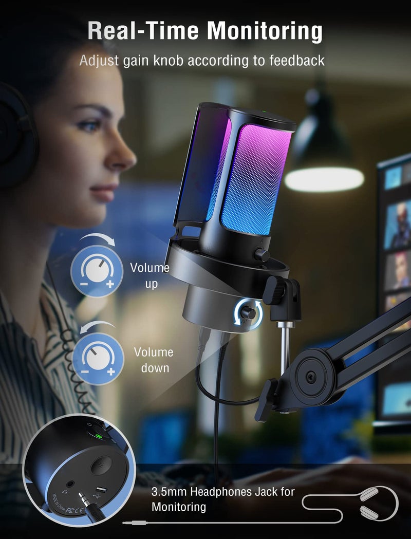 FIFINE Gaming USB Microphone, PC Computer Mic with 4 Polar Patterns for Podcast Streaming Recording YouTube, RGB Condenser Desktop Mic for Windows, Mac, with Headphone Jack-AmpliGame A8 Plus - Image 5