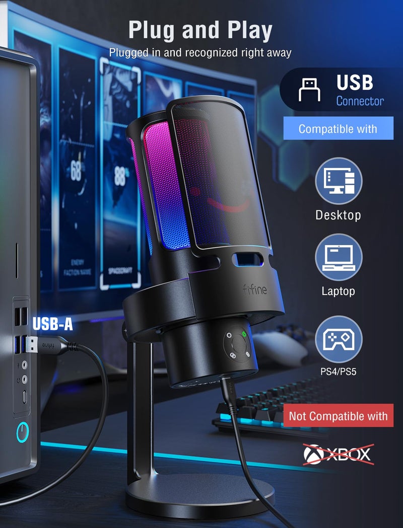 FIFINE Gaming USB Microphone, PC Computer Mic with 4 Polar Patterns for Podcast Streaming Recording YouTube, RGB Condenser Desktop Mic for Windows, Mac, with Headphone Jack-AmpliGame A8 Plus - Image 2