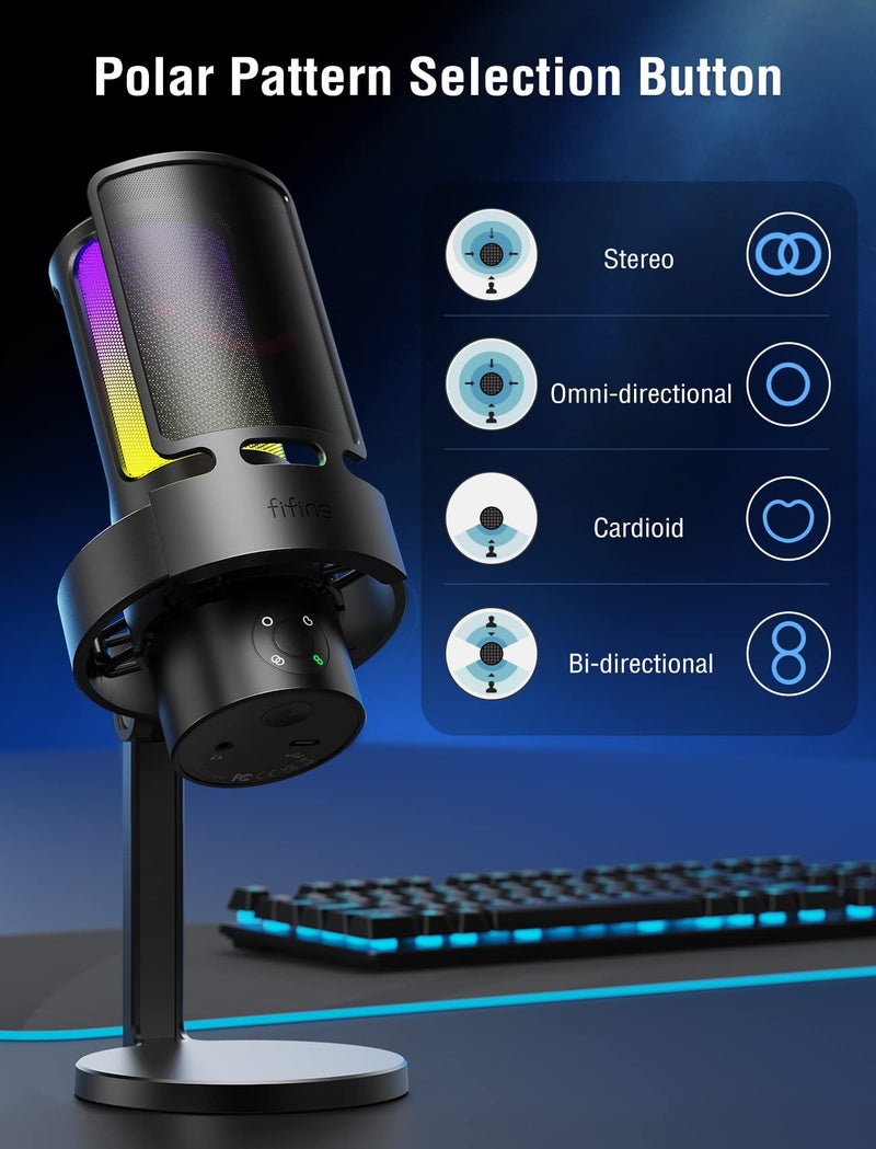 FIFINE Gaming USB Microphone, PC Computer Mic with 4 Polar Patterns for Podcast Streaming Recording YouTube, RGB Condenser Desktop Mic for Windows, Mac, with Headphone Jack-AmpliGame A8 Plus - Image 3