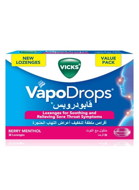 Vapodrops Sore Throat Relief Raspberry, 36 Tablets