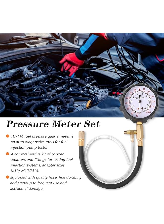 Tu-114 0-140 Psi/0-10 Bar Fuel Injection Pressure Meter Pump Tester Compression Pressure Gauge Gasoline Tu114-1014G - Image 3